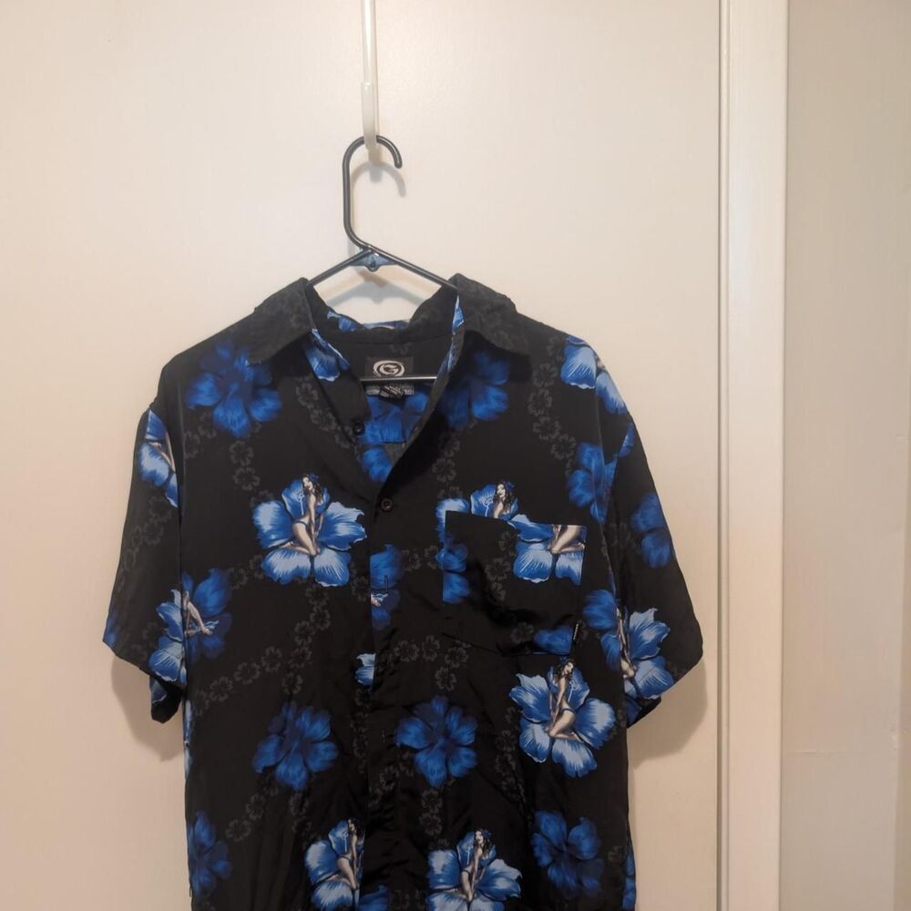 Vintage Y2K Gotcha Blue Pin Up Girl Hibiscus Surf Shirt Medium M